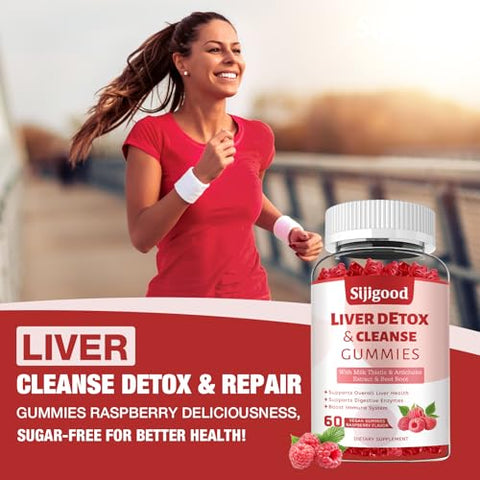 Sijigood - Limpeza e Desintoxicação do Fígado – Gomas de Reparo – 1000mg Silimarina Suplemento de Cardo Mariano com Alcachofra, Dente-de-leão e Sabugueiro – Suporte ao Fígado – 60 Gomas com Sabor de Framboesa