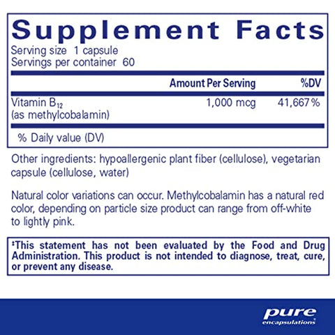 Methylcobalamin 1,000 mcg – Vitamina B12 para Memória – Comprimidos de Alta Absorção - Pure Encapsulations