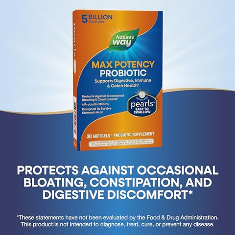 Nature's Way - Nature’s Way Max Potency Probiotic Pearls para Homens e Mulheres, Suporte Digestivo, Imunidade, Saúde do Cólon*, 5 Bilhões de Culturas Vivas, Sem Necessidade de Refrigeração, 30 Softgels