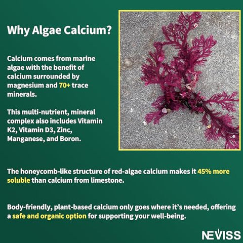 NEVISS - (2 Pacotes) Gomas de Algas com Cálcio 600mg, Vitamina D3, C, Magnésio, Boro, Manganês – Suplemento de Cálcio à Base de Plantas para a Saúde dos Ossos