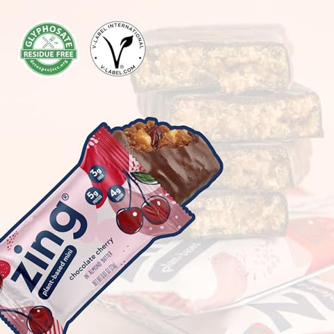 Barras de Proteína Infantil de Chocolate Amargo e Cereja, Sem Glúten, Mini Barras de 100 Calorias com Alto Teor de Proteína, Barras de Nutrição Vegana, Livre de Laticínios à Base de Plantas, Kosher, Baixo Teor de Açúcar, Sem Açúcar, 100% Natural - Zing