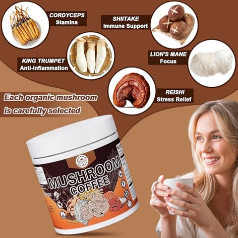 Relesvo - Café de Cogumelo Instantâneo em Pó (20 Porções) com Cordyceps, Reishi, Lion’s Mane, Shiitake, King Trumpet – Energia e Foco