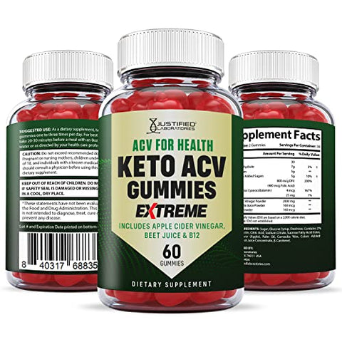 Justified Laboratories - ACV Gummies Extreme Formula 2000MG com Suco de Romã, Beterraba e Vitamina B12 – Saúde Keto – 60 Gomas