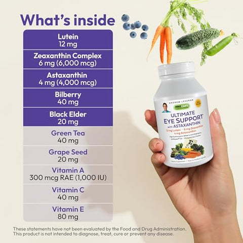 Ultimate Eye Support com Astaxantina 180 Softgels – 12mg Luteína, 6mg Zeaxantina, 4mg Astaxantina, Mirtilo, Nutrientes Essenciais para a Saúde Ocular - ANDREW LESSMAN