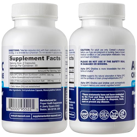 Dr. Maxwell - Alpha GPC 600mg Uridine: Potencializador de Colina 2 em 1, Livre de Soja, Sem Preenchedores, EUA, 60 Cápsulas, Precursor de Acetilcolina