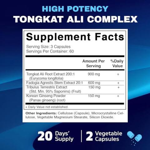 Extrato de Tongkat Ali 200:1 para Homens (Longjack) Eurycoma Longifolia – 1800 mg Por Porção – Feito com Extrato de Fadogia Agrestis 20:1, Tribulus 95% - Vitamatic