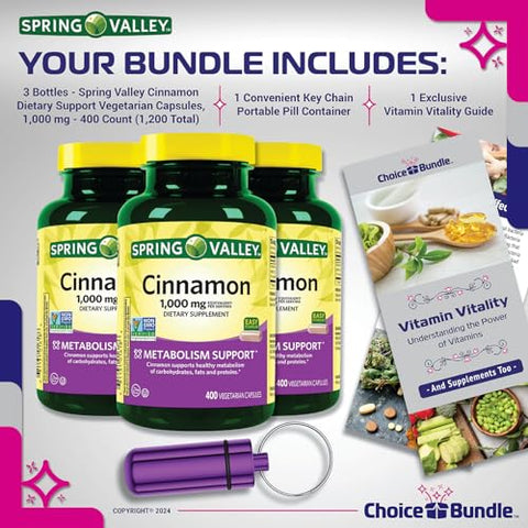 ChoiceBundle - Spring Valley Canela 1000mg 400 cápsulas vegetarianas 3 pacotes Combo Escolha (1200 Total) Guia “Vitalidade Vitamínica