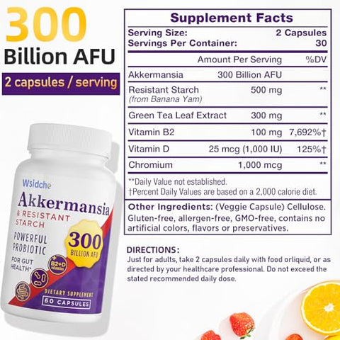 Wsidche - 300 Bilhões de Probióticos Akkermansia AFU | Probiótico GLP-1 para Mulheres | 100% Natural e Eficaz