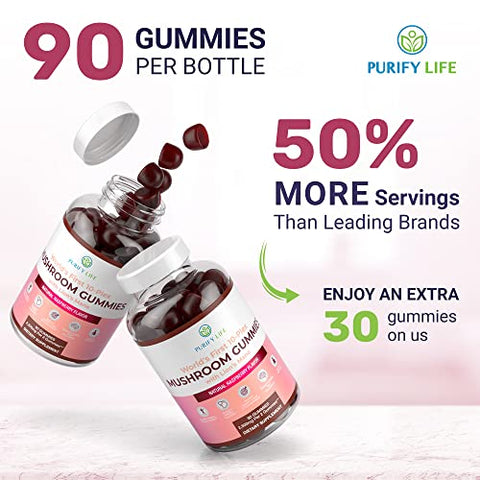 Purify Life - Complexo de Cogumelos em Gomas – 10x Suplemento de Cogumelos com Leão Mane (90 Gomas 2500mg/porção) Suplemento Cerebral Nootrópico, Suporte Imunológico