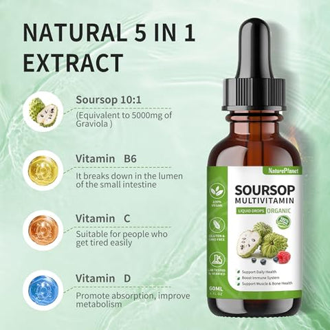 NaturePlanet - Soursop Multivitamin Liquid Drops – Extrato de Folha de Graviola Orgânico, Óleo de Graviola, Vitaminas, Fibras Alimentares, 60ml, 2 Fl Oz