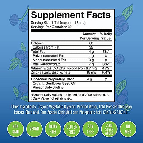 Suplemento Nutricional Líquido Lipossomal de Zinco com Vitamina E | Saúde Geral e Cuidados com a Pele | Mirtilo | Vegano, Não-OGM, Sem Glúten, Sem Açúcar | 30ml - MaryRuth Organics