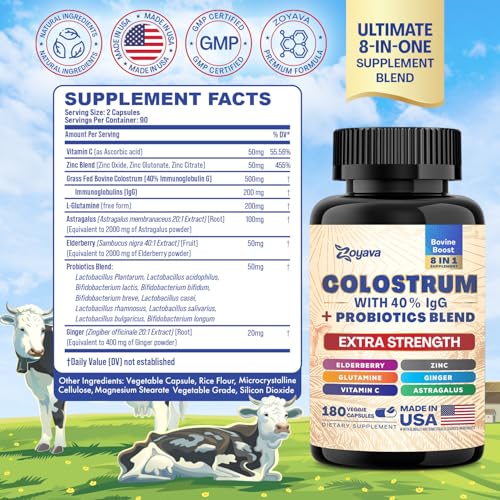 Cápsulas de Colostro Bovino, 40%% IgG, Probióticos, Sabugueiro, L-Glutamina, Astrágalo, Vitamina C, Gengibre, Zinco (180 cápsulas) - Zoyava