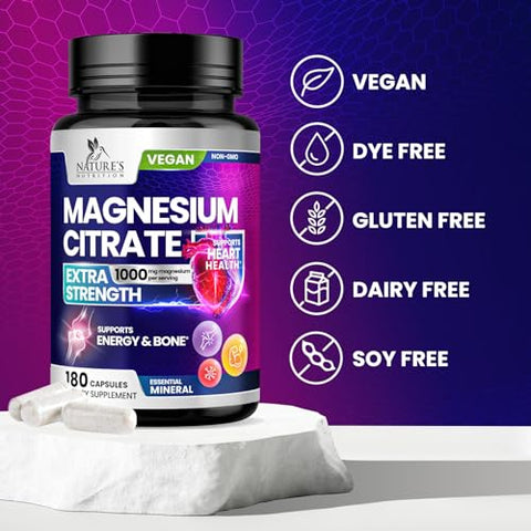 Nature's Nutrition - Magnésio Citrato Extra Forte 1000 mg – Quelado para Máxima Absorção, Suplemento de Magnésio para Saúde Muscular, Nervos e Ossos