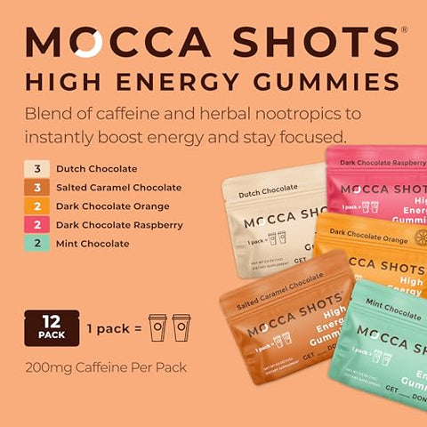 Seattle Gummy Company – Gomas Energéticas de Cafeína 12-Pack, Pack Variado Mocca Energy Chews, Nootrópico, Vegano, à Base de Plantas, Sem Glúten, 200mg de Cafeína - SGC