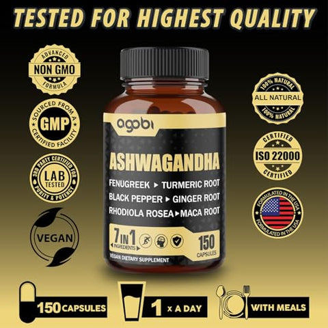 agobi - Ashwagandha Extrato Cápsulas 7 Ingredientes Naturais 8050 mg – Mistura de Fenacho, Maca, Cúrcuma, Rodiola, Gengibre