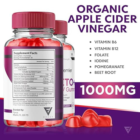 Fyvus - (2 Pacotes) Gomas Premier Keto ACV para Perda de Peso Avançada, Gomas Premier Keto, Premier ACV Keto Plus Suplemento de Vinagre de Maçã com Vitamina B12, Folate, Beterraba (120 Gomas)