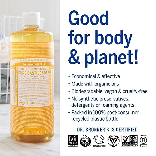 Dr. Bronner's - Dr. Bronner’s – Sabonete Líquido Puro-Castela (Citrus, 946 ml, 2-Pack) – Feito com Óleos Orgânicos, 18 Usos: Rosto, Corpo, Cabelo, Lavanderia, Animais de Estimação e Louças, Concentrado, Vegano, Não-OGM