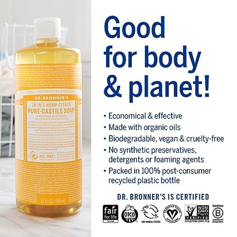 Dr. Bronner's - Dr. Bronner’s – Sabonete Líquido Puro-Castela (Citrus, 946 ml, 2-Pack) – Feito com Óleos Orgânicos, 18 Usos: Rosto, Corpo, Cabelo, Lavanderia, Animais de Estimação e Louças, Concentrado, Vegano, Não-OGM