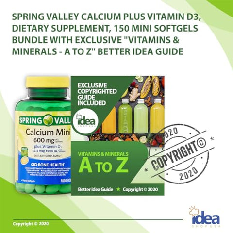 Idea Shop USA - Spring Valley Cálcio 600mg + Vitamina D3, 150 Mini Softgels (1 Pacote) Cápsulas de Carbonato de Cálcio Pequenas com Vitaminas Exclusivas