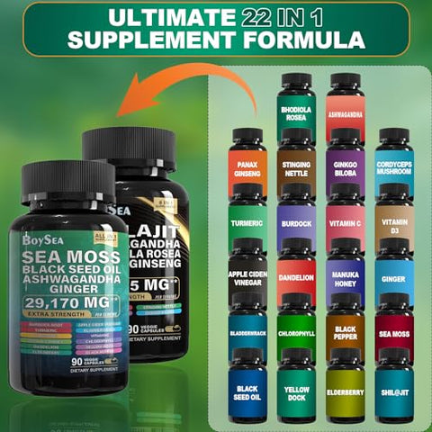 Pacote de Sea Moss e shilajit – 90 unidades – Sea Moss 7000mg, Óleo de Semente Preta 4000mg, Ashwagandha 2000mg, Gengibre – Marca Boysea - Boysea