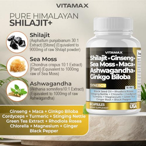 Vitamax - Suplemento Puro de Shilajit do Himalaia 10.000mg Ashwagandha 6.000mg Sea Moss 2.000mg Rhodiola Rosea 1000MG Gingko Biloba 500mg Cápsulas de Minerais Traços – Homens e Mulheres – Fabricado nos EUA