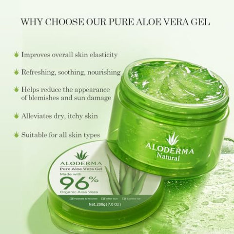 Gel de Aloe Vera Orgânico Aloderma para o Rosto – 96% Puro, Feito em até 12 Horas após a Colheita – Para Pele, Couro Cabeludo – 100ml