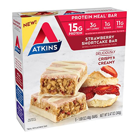 Barra de Proteína Sabor Morango, Alto Teor de Fibras, 1g Açúcar, 3g Carboidratos Líquidos, Substituto de Refeição Keto Amigável, 30 Unidades - Atkins
