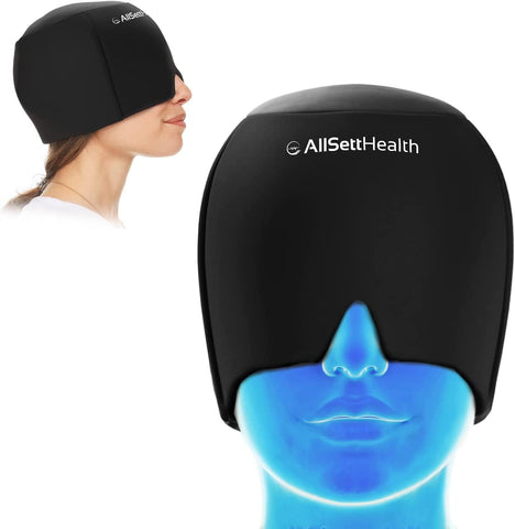AllSett Health - Migraine Relief Cap Ice Head Wrap | Headache and Migraine Hat | Hot/Cold Gel Head Ice Pack with Face and Eye Headache Mask Compress Black | 100g