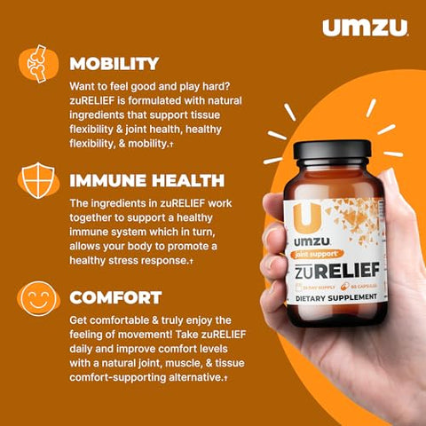 zuRELIEF – Suplemento de Curcumina de Açafrão-da-terra | Conforto Articular com 7 Ingredientes Naturais – Bromelina, Boswellia | 60 cápsulas - UMZU