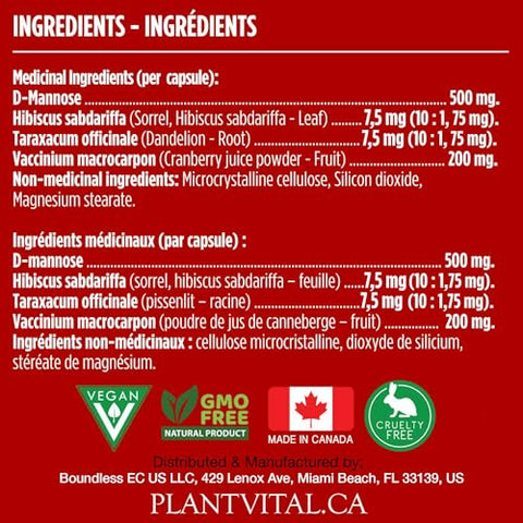 Cápsulas de D-Manose com Cranberry – Cápsulas de D-Manose 1000mg – Alta Potência para Suporte à Bexiga, Rim e Trato Urinário. Pó de Cranberry com Hibisco e - Plantvital