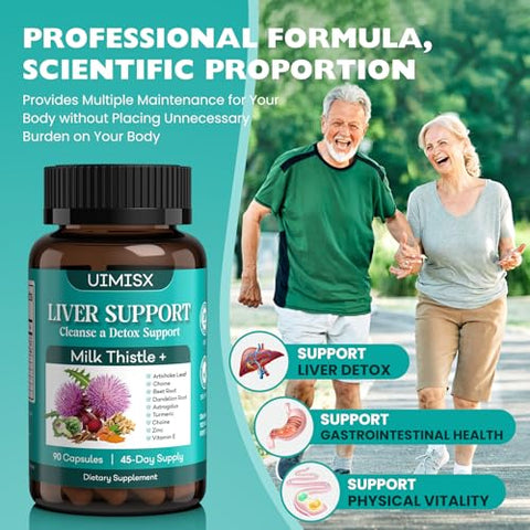 UIMISX - Milk Thistle – Fórmula de Desintoxicação do Fígado com Suporte Herbal de Cardo Mariano, Raiz de Dente-de-leão, Alcachofra, Cúrcuma, Astrágalo para a Saúde do Fígado, 90 Cápsulas