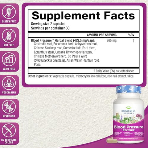 RidgeCrest Herbals - Fórmula Herbal Ridgecrest Herbals para Pressão Arterial, 12 Ervas, Cogumelo Poria, Gastrodia, Gardenia, para Saúde do Coração, Vascular e Circulação (60 Unidades)