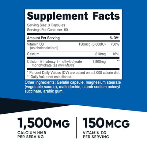 HMB (1500mg) e Vitamina D3 (6000 UI) – 240 Cápsulas, 80 Porções – Livre de Glúten e Não-OGM - Nutricost