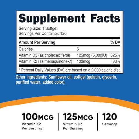 Vitamina K2 (MK7) (100mcg) Vitamina D3 (5000 UI) 120 Softgels – Livre de Glúten e Não-OGM - Nutricost