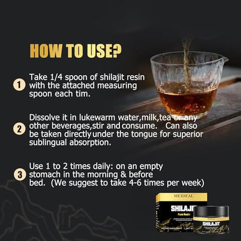 Meideal - Shilajit Puro Himalaia Orgânico Resina de Shilajit, Grau Ouro Resina de Shilajit com 85 Minerais Traços – 100% Natural e Poderoso