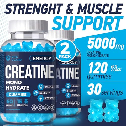 Vita Guard - 5000mg Gomas de Creatina Monohidratada Fórmula para Homens e Mulheres – Construtor Muscular Definitivo, Estimulante de Energia