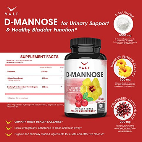 D-Mannose 1000mg – Fórmula para Saúde do Trato Urinário. Pó de Fruta de Cranberry Orgânico - VALI