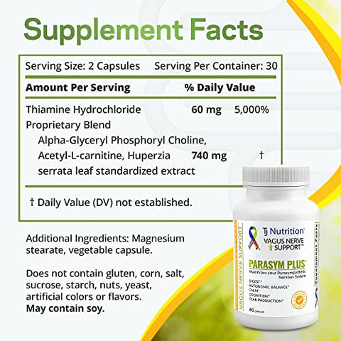 TJ Nutrition - Parasym Plus – Suporte ao Nervo Vago, Suplemento Nutricional Digestivo Patenteado, Estimulante de Energia para Homens e Mulheres, Suplemento para Memória Cerebral, Suporte Suave ao Sistema Imunológico, 60 cápsulas
