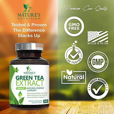 Nature's Nutrition - Extrato de Chá Verde em Cápsulas 1000mg 98%% Padronizado em EGCG – 3X Mais Potente para Energia Natural – Suporte Cardíaco com Polifenóis – Cafeína Suave – 240 Cápsulas