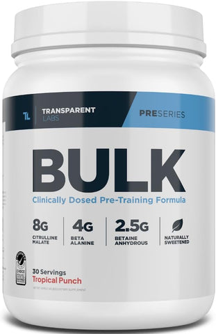 Bulk Pó Pré-Treino – Fórmula Avançada Adoçada Naturalmente para Construção Muscular e Força – 30 Porções, Sabor Tropical Punch - Transparent Labs