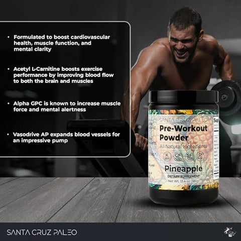 Natural Pré Treino em Pó, Abacaxi, Eletrólitos Pré-Treino Keto com Magnésio, Potássio, L-Citrulina, 150mg de Cafeína, Mistura para Bebida sem Açúcar para Energia - Santa Cruz Paleo