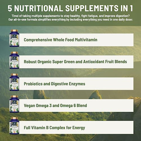 Abundant Earth - Multivitamínico Natural para Mulheres, Suplemento Diário de Vitaminas para Homens, Complexo B de Multivitaminas Masculinas, Probiótico de Enzimas Múltiplas, Ômegas para Energia Orgânica, Humor, Digestão 90ct