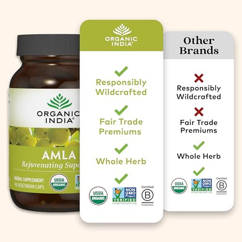 ORGANIC INDIA - Suplemento Vitamínico Herbal Organic India Amalaki – Suporte Imunológico, Vitamina C, Vegano, Sem Glúten, Kosher, Ayurvédico, Antioxidante, Orgânico Certificado pelo USDA, Não-OGM – 90 Cápsulas