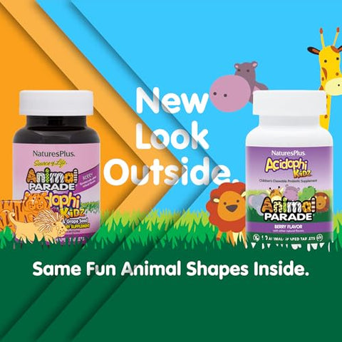 Animal Parade AcidophiKidz, Sabor de Frutas Vermelhas – 90 Comprimidos Mastigáveis em Formato de Animais – com Probióticos, FOS - Natures Plus