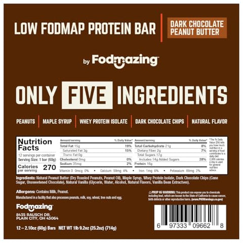 Barras Fodmazing Fodmap, Chocolate Amargo com Manteiga de Amendoim, 12 Unidades, Barras de Lanche com Alto Teor de Proteína
