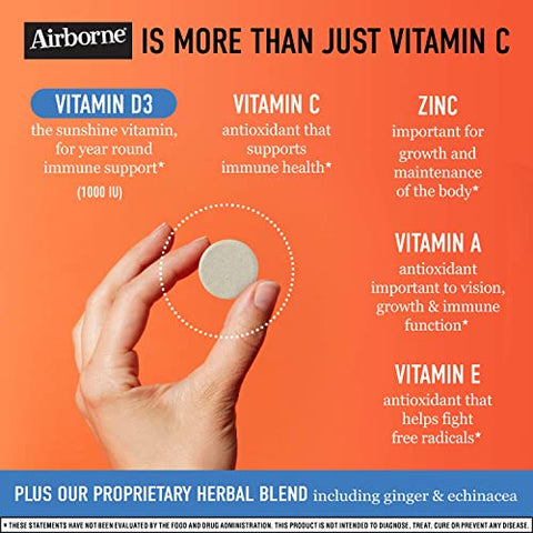 750mg Vitamina C com Zinco, Efervescente, Suplemento de Suporte Imunológico com Poderosos Antioxidantes Vitaminas A C D3 - Airborne