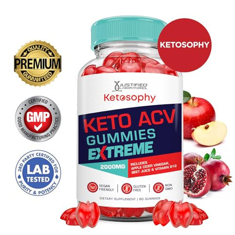 Justified Laboratories - Ketosophy Gummies Extreme 2000MG – Fórmula Avançada de Maçã com Vinagre de Maçã, Romã e Beterraba – B12 Vegano Não GMO 60 Gomas