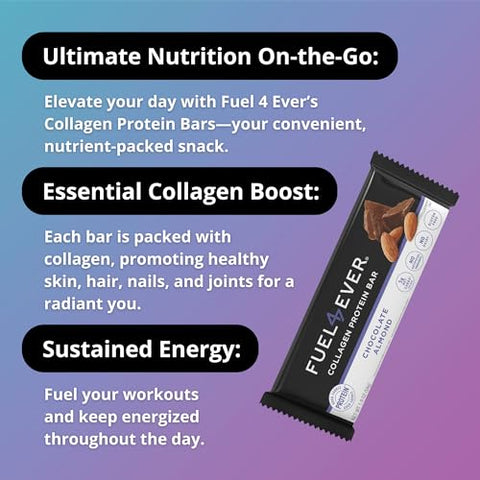 Fuel 4 Ever - Fuel4Ever Barras de Proteína de Colágeno | 14g de Proteína, Sem Glúten, Sem Laticínios, Sem Açúcar ou Ingredientes Artificiais Adicionados | Caixa com 12 Barras de Sabor Chocolate Amêndoa