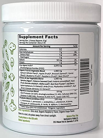 TruBaio - Super Greens em Pó Orgânico: Suplemento Não-OGM com Spirulina, Alfafa, Espinafre, Probióticos, Fibra e Enzimas Digestivas – Sem Adoçantes Artificiais – 30 Porções
