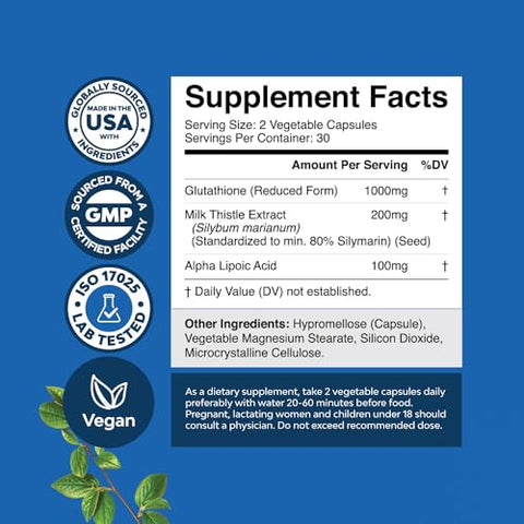 Natures Craft - Suplemento de Glutationa Reduzida com Ácido Glutâmico – L Glutationa 1000mg por Porção com Extrato de Cardo Mariano Silymarin, Ácido Alfa Lipóico ALA Complexo para Suporte ao Fígado e Pele